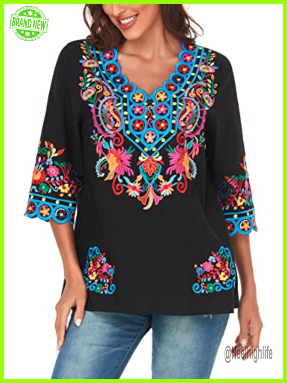 Embroidery Mexican Boho Tunic Top 3/4 Sleeve V-Neck Cotton Blouse